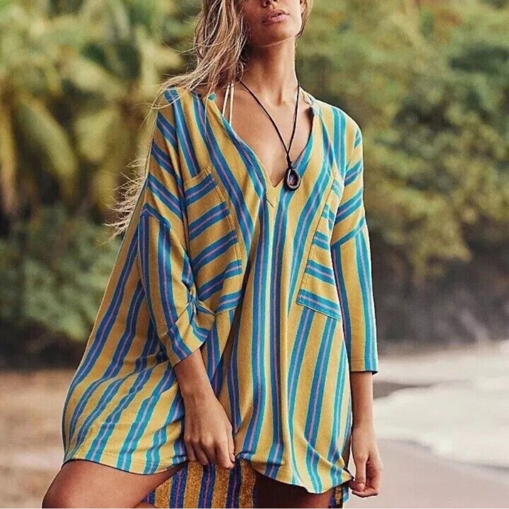 Free People NWT FP Beach Daya Boho Cotton Linen Striped Tunic Mini Dress size XS